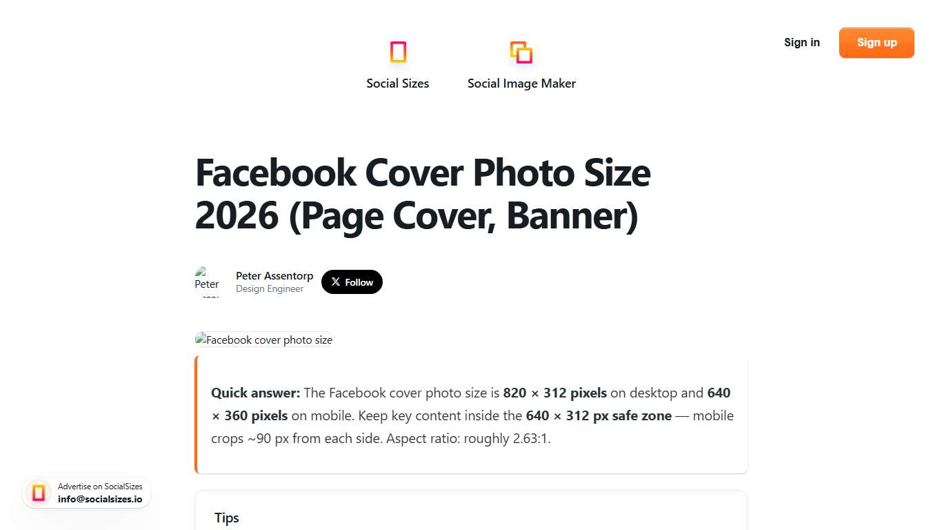 Facebook Cover Photo Size 2026: 820×312 Pixels + Safe Zone Guide → SocialSizes.io